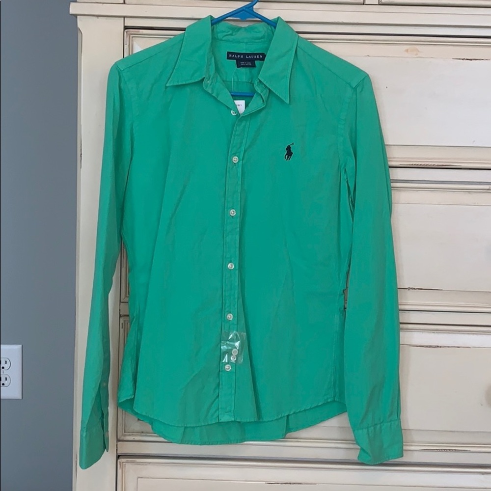 Green button down with navy Polo